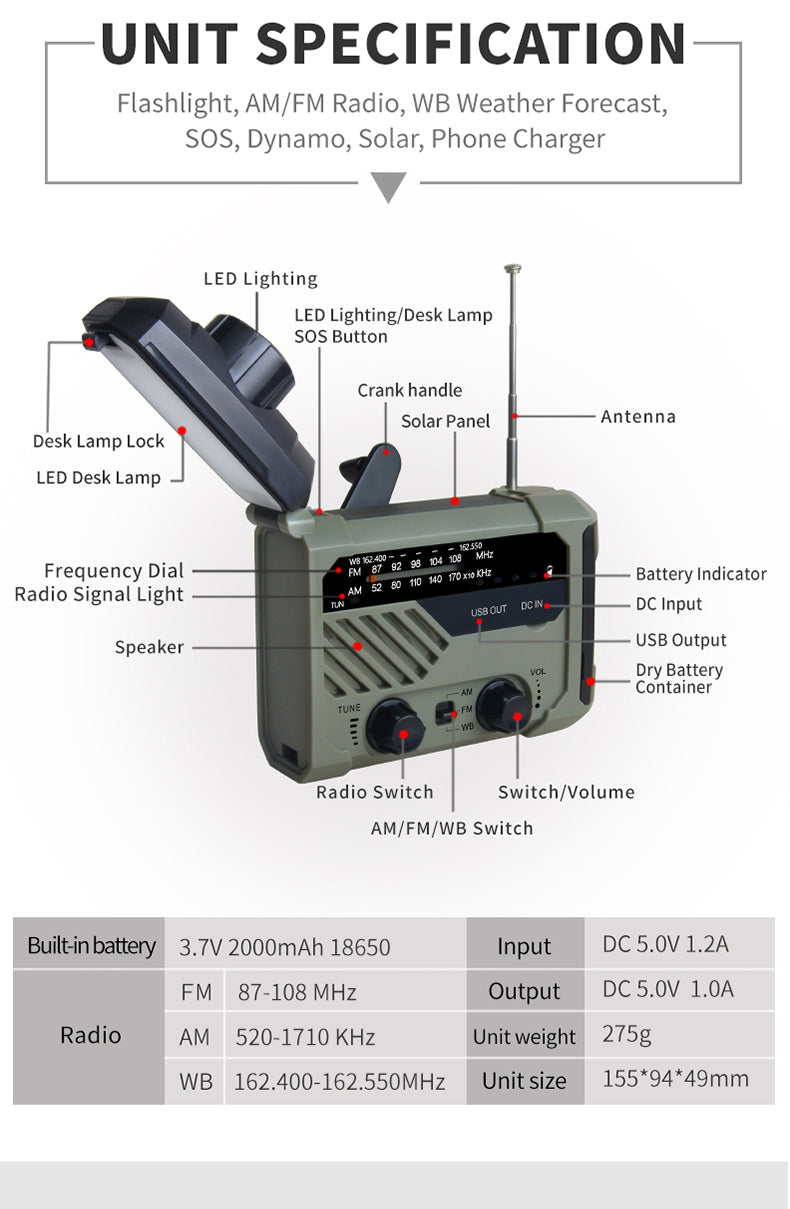 Portable Radio Hand Crank Emergency 3-in-1 Solar Charging - Sky Fox Tech